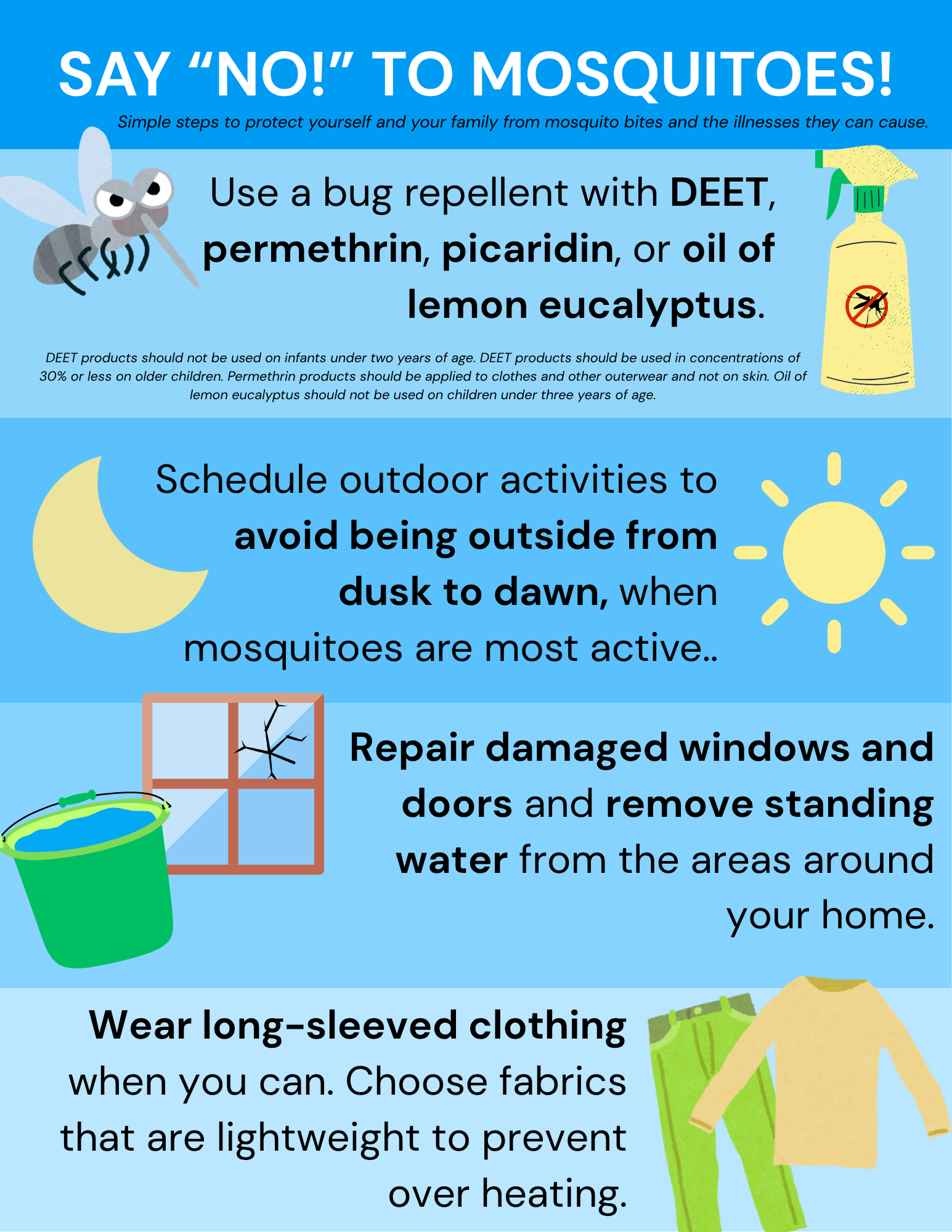 4 Mosquito Prevention Tips - Use DEET bug repellent, remove standing water, wear long sleeves. 